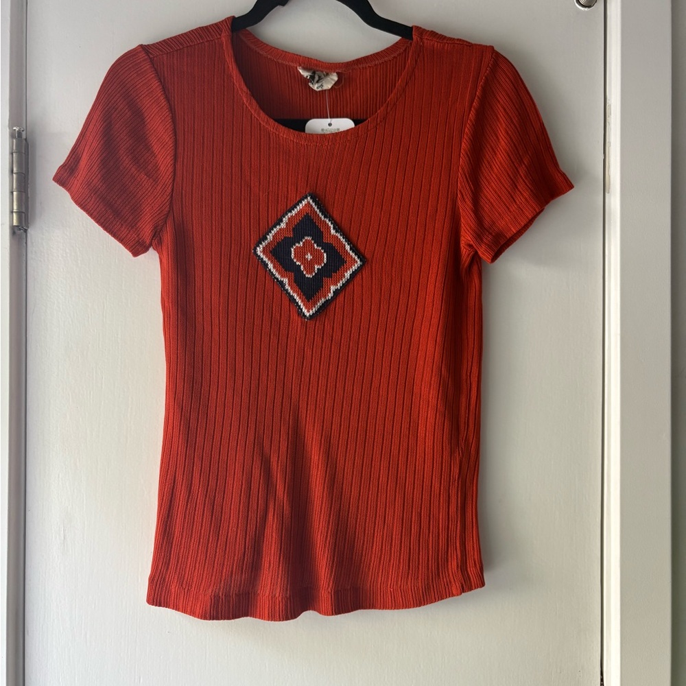 Vintage Ami Vibrant Brick Red Short Sleeve Tee with Geometric Beading